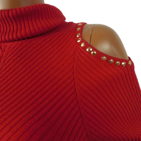 XOXO Red Sweater XL Cold Shoulder Gold Studs Stretch Ribbed Knit Casual Party - Picture 5 of 10